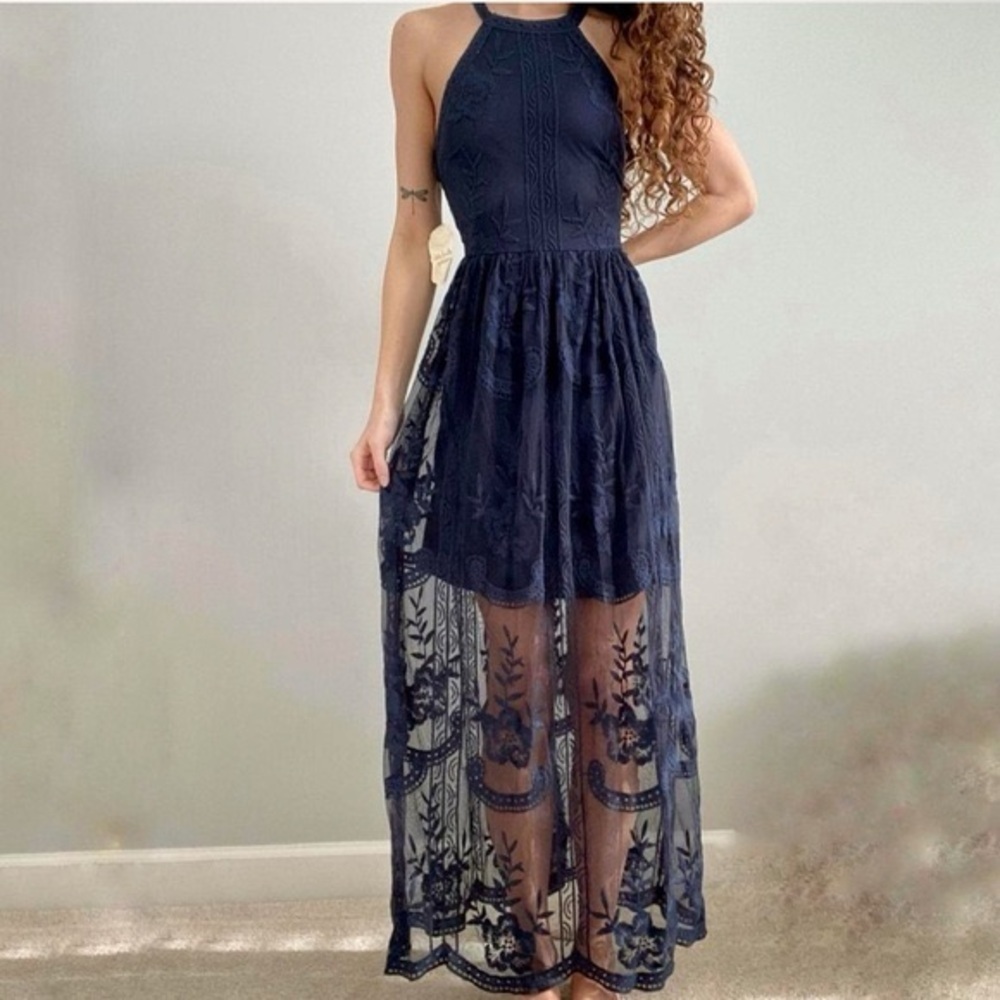 Altar’d State Onawei Navy Blue Lace Maxi Halter Dress, Size Small